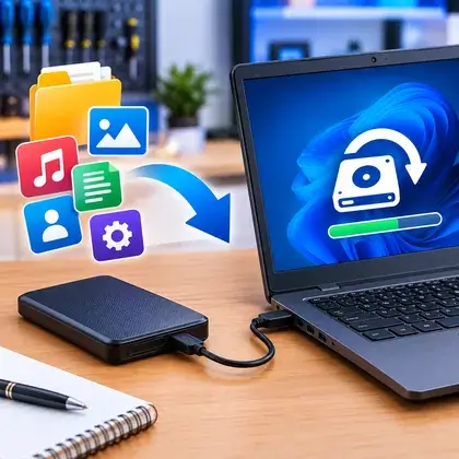 HD externo conectado a um notebook com ícones de fotos, música e documentos e uma seta de backup