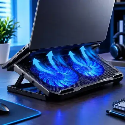 Notebook apoiado sobre uma base cooler com as ventoinhas azuis acesas