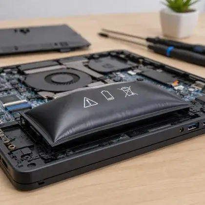 Notebook aberto sobre a mesa com a bateria de lítio estufada e inchada no meio da placa, com símbolos de alerta