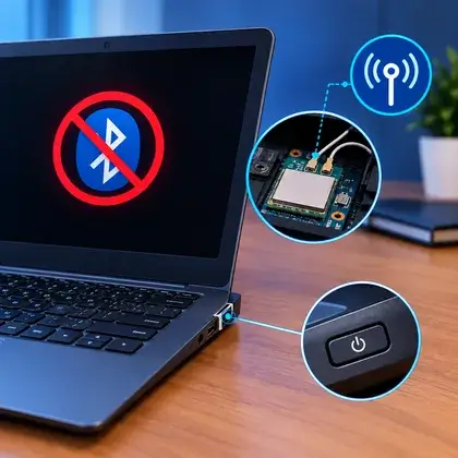 Notebook com o ícone de Bluetooth riscado, ícone de Wi-Fi e o módulo de rádio interno destacado