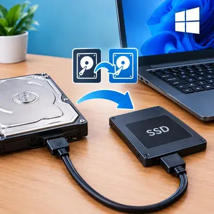 Um HD e um SSD ligados por cabo com seta de migração, e um notebook com Windows ao fundo