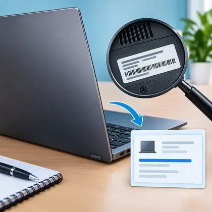 Etiqueta na tampa inferior do notebook ampliada por uma lupa, com um cartão de informações do modelo