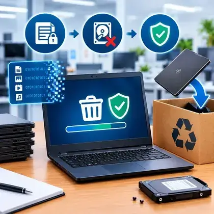 Notebook com ícones de apagamento de dados, lixeira, escudo de segurança e uma caixa de reciclagem