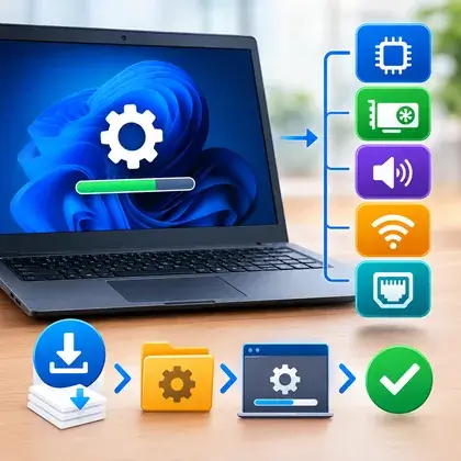 Notebook com barra de progresso e ícones de componentes, chip, vídeo, som e Wi-Fi, sendo instalados em sequência
