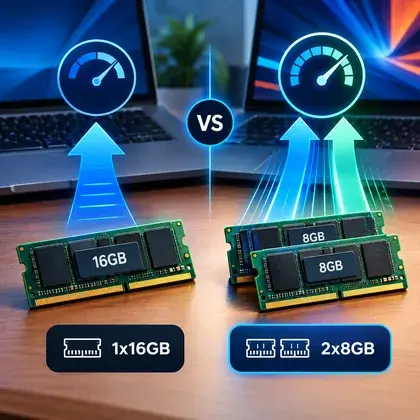 Comparação entre um pente de 16 GB e dois pentes de 8 GB de memória, com setas indicando o ganho de desempenho