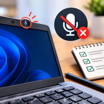 Notebook com Windows na tela, ícone de microfone mudo com X vermelho e um checklist ao lado