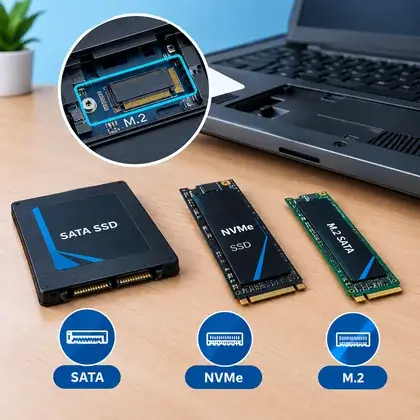 Os três tipos de SSD para notebook, SATA, NVMe e M.2, lado a lado sobre a mesa com seus rótulos