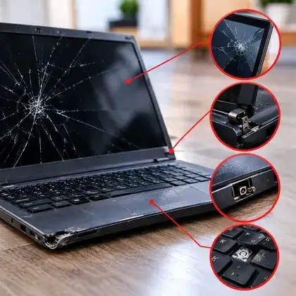 Notebook com a tela trincada em aranha e detalhes ampliados de dobradiça e carcaça danificadas pela queda