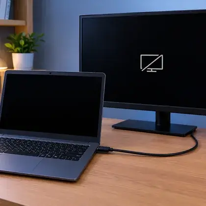 Notebook conectado por cabo a um monitor externo sem imagem, com o ícone de tela