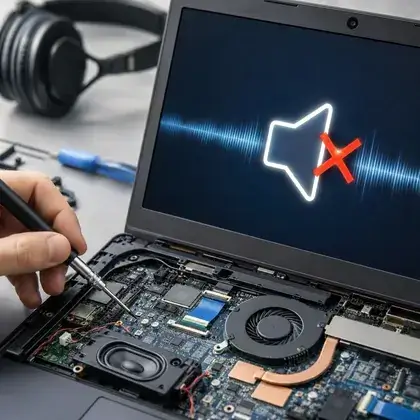 Notebook aberto na bancada com o ícone de alto-falante mudo e um X vermelho na tela, técnico apontando o alto-falante interno