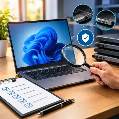Notebook com uma lupa e um checklist de conferência, ícone de escudo e outros notebooks empilhados ao fundo