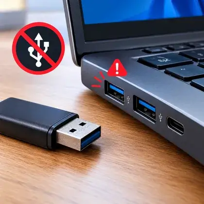 Portas USB do notebook com o símbolo USB riscado e sinal de alerta, e um adaptador USB à frente