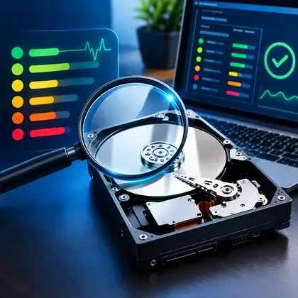 Disco rígido aberto com uma lupa e telas mostrando os indicadores de saúde SMART em verde e vermelho