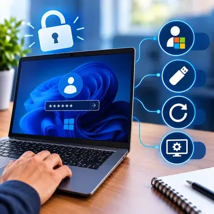 Notebook na tela de login do Windows com um cadeado e ícones de recuperação de conta e senha