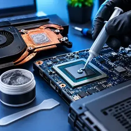 Aplicação de pasta térmica no processador da placa do notebook, com o dissipador de cobre ao lado