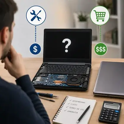 Pessoa diante de um notebook com ponto de interrogação na tela e ícones de reparo, cifrão e carrinho de compras