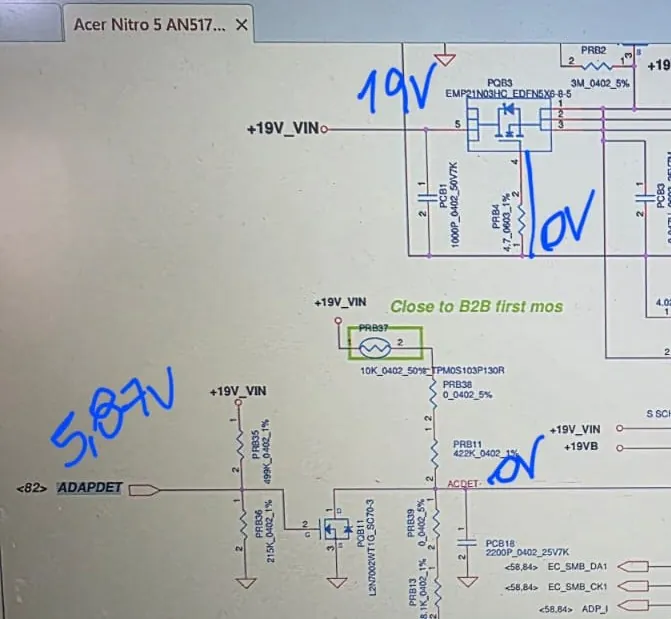 Esquema elétrico do Acer Nitro 5 AN517 com a entrada de 19 V, o sinal ADAPDET e as tensões medidas anotadas à mão: 19 V, 0 V e 5,87 V
