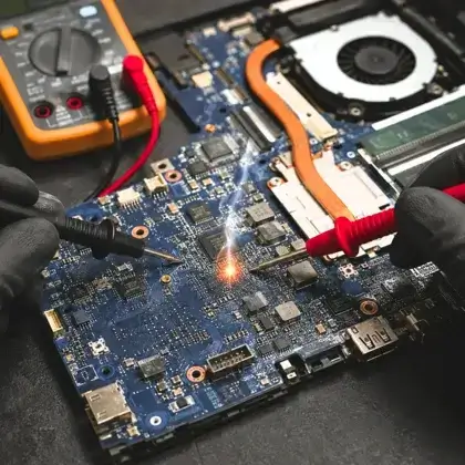 Técnico de luvas medindo uma placa-mãe de notebook com as pontas de prova do multímetro, com faísca no ponto de curto