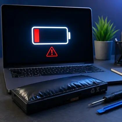 Bateria de notebook estufada com ícone de carga baixa, ilustrando a bateria viciada