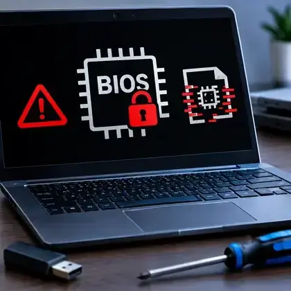 Notebook exibindo na tela um chip de BIOS com cadeado, ícone de alerta e um arquivo de firmware corrompido
