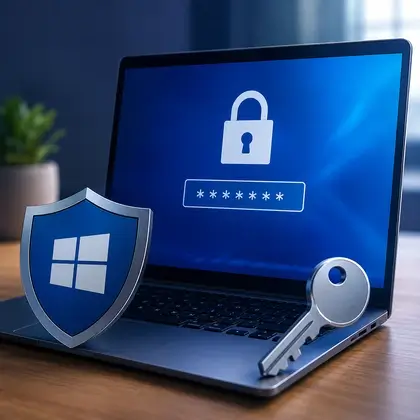 Notebook com cadeado e campo de senha na tela e um escudo do Windows ao lado, ilustrando a chave de recuperação do BitLocker