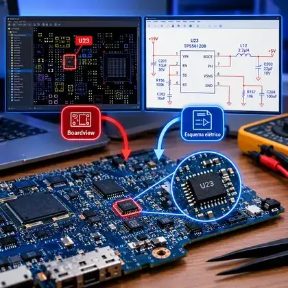 Boardview e esquema elétrico abertos em dois monitores, apontando o componente U23 localizado na placa-mãe do notebook