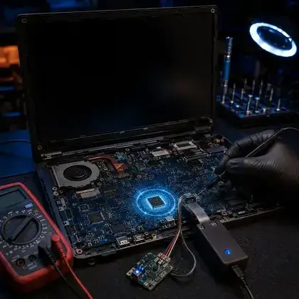 Gravador de chip SPI ligado à placa-mãe de um notebook aberto na bancada, com multímetro ao lado
