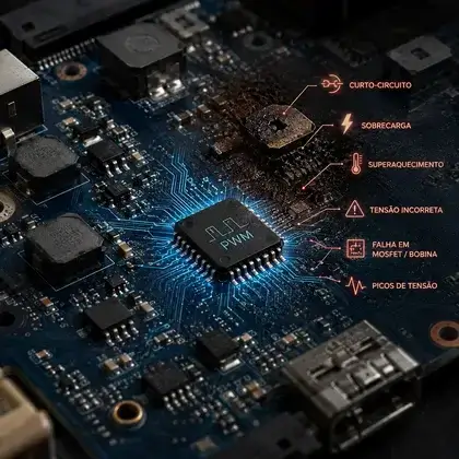 CI PWM em destaque na placa-mãe ao lado de um componente queimado, com etiquetas de curto-circuito, sobrecarga e superaquecimento