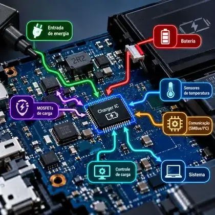 Diagrama sobre a placa com o CI charger ligado à entrada de energia, aos MOSFETs de carga, à bateria e aos sensores de temperatura