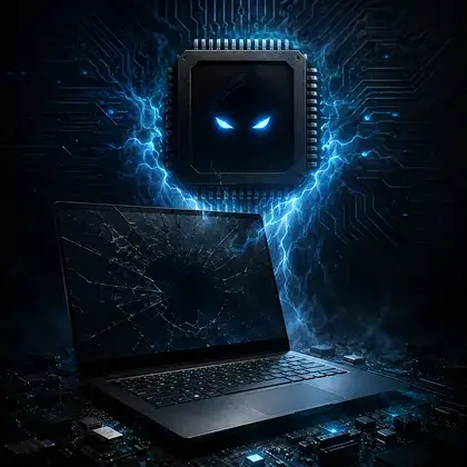 Chip do chipset iluminado em azul sobre um notebook com a tela falhando, ilustrando o firmware que comanda a inicialização da placa