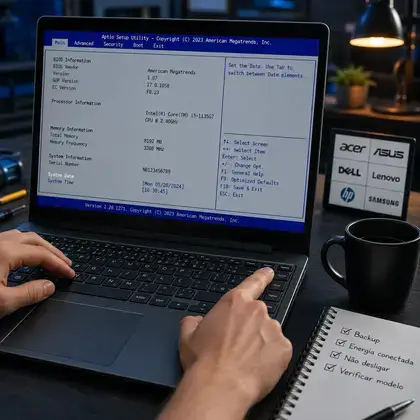 Mãos digitando em um notebook com a tela de setup da BIOS aberta, ao lado de um cartaz com logos de marcas e um checklist de cuidados