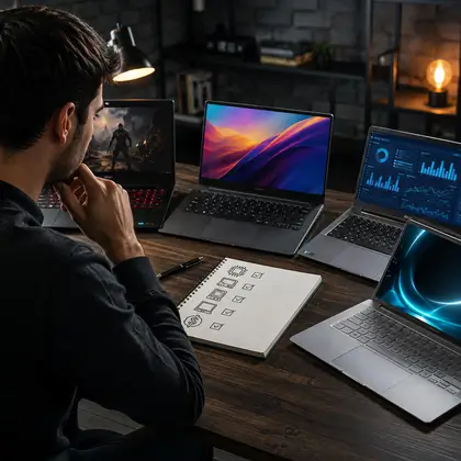 Homem à mesa comparando quatro notebooks ligados, um gamer e três comuns, com um caderno de anotações à frente