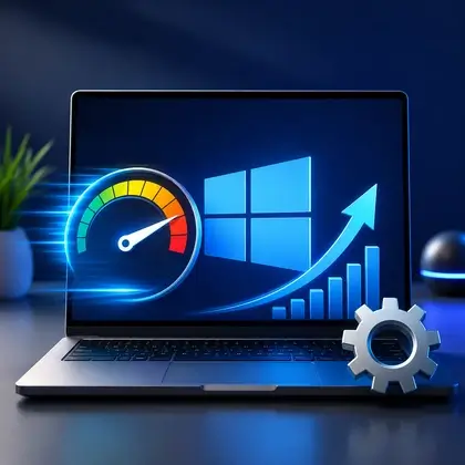 Notebook com a tela mostrando um medidor de velocidade e engrenagens, ilustrando a otimização do desempenho do Windows