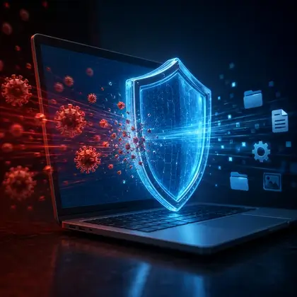 Escudo digital projetado na tela de um notebook barrando ameaças que tentam alcançar os arquivos