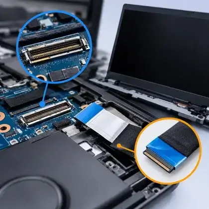 Conector eDP na placa-mãe e o cabo flat da tela ampliados em destaque, mostrando onde o vídeo interno falha