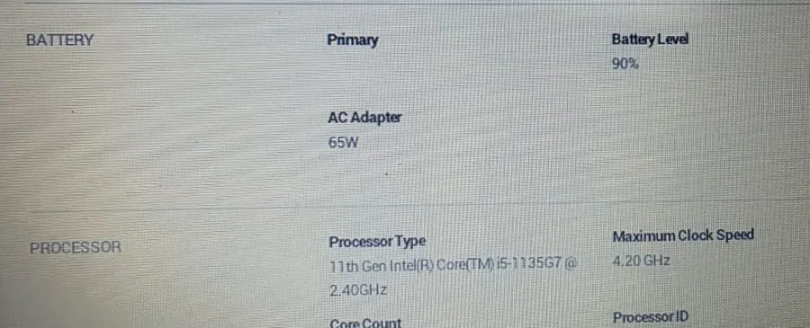 Tela de informações do sistema na BIOS de um Dell Latitude 3420 mostrando a bateria primária com 90 por cento de carga, o adaptador de 65 W e o processador Intel Core i5-1135G7