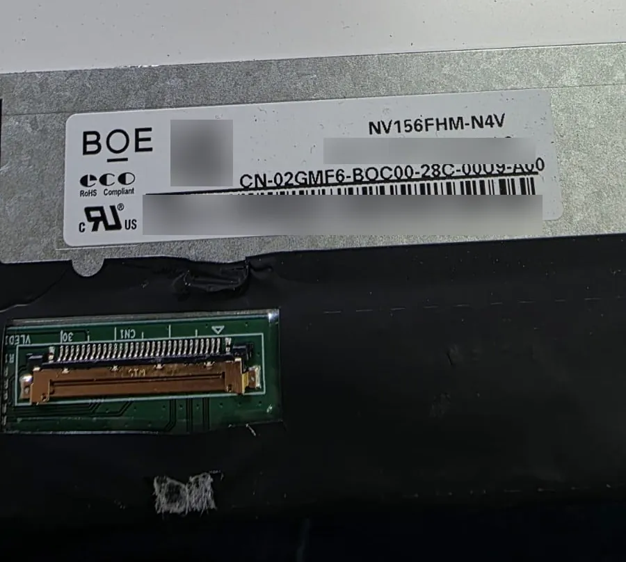 Etiqueta do painel retirado do Precision 3571, da fabricante BOE, modelo NV156FHM-N4V, código Dell 02GMF6, com o conector do cabo flat embaixo
