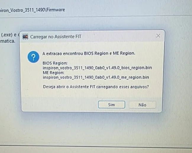 Janela do programa informando que a extração do arquivo da Dell encontrou a região da BIOS e a região do ME, com os nomes dos dois arquivos .bin