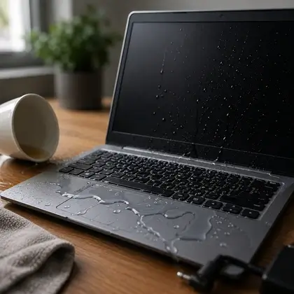 Notebook sobre a mesa com respingos de água no teclado e na tela, ao lado de uma xícara tombada e um pano