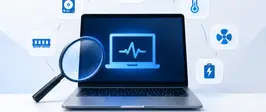 Notebook com gráfico de diagnóstico na tela e uma lupa em destaque, cercado por ícones de memória, cooler e energia