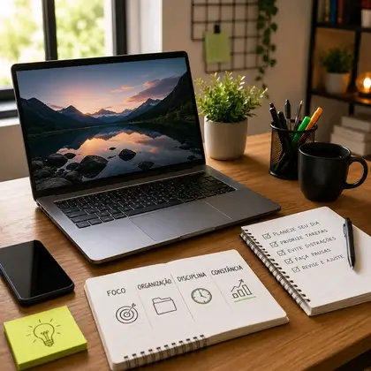 Notebook em mesa organizada com caderno de tarefas, celular e caneca, ilustrando uma rotina de trabalho produtiva