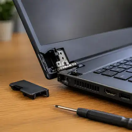 Notebook com a dobradiça esquerda solta e a tampa plástica removida ao lado, com uma chave de precisão sobre a mesa