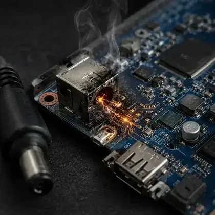 Conector DC Jack queimado e soltando fumaça na placa do notebook, com o plugue do carregador ao lado