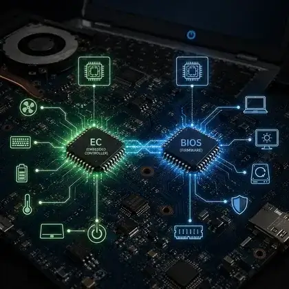 Esquema sobre a placa ligando o chip EC ao teclado, à bateria e à ventoinha, e o chip da BIOS à tela e ao armazenamento