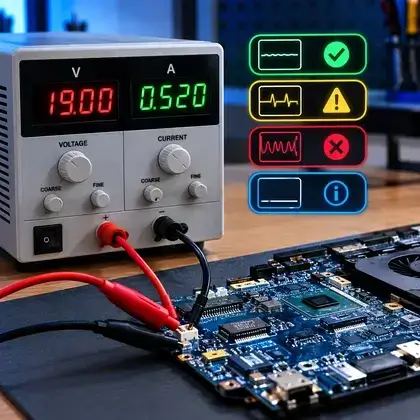 Fonte de bancada marcando 19,00 V e 0,520 A ligada a uma placa-mãe de notebook, com indicadores de consumo normal e anormal