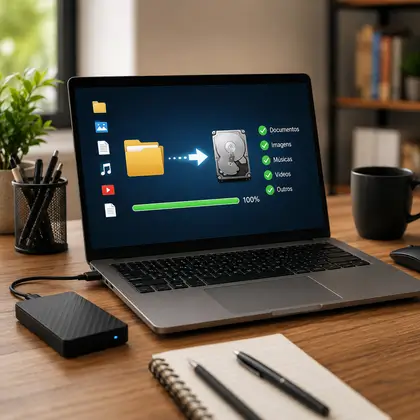 Notebook exibindo a cópia de uma pasta para um disco externo com a barra de progresso em 100 por cento, com o HD portátil ao lado