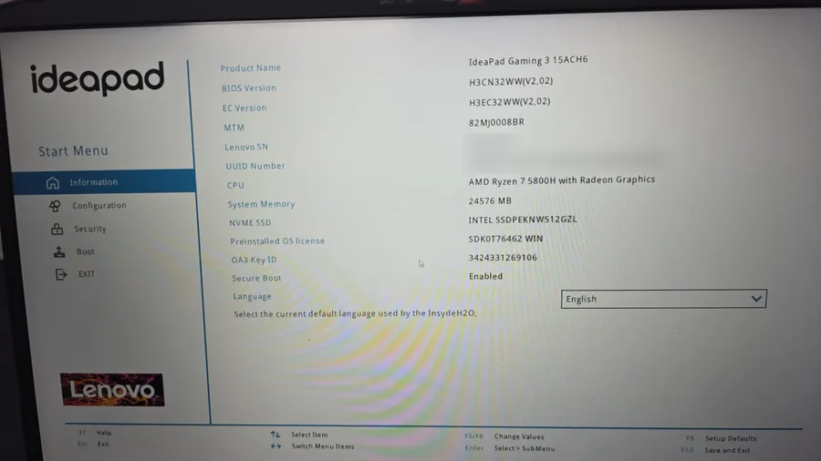 Tela de informações da BIOS de um Lenovo IdeaPad Gaming 3 15ACH6 com processador Ryzen 7 5800H e 24576 MB de memória do sistema