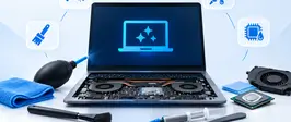 Notebook aberto para limpeza interna, com cooler, pincel, soprador e pasta térmica ao redor