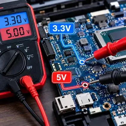 Multímetro marcando 3,30 V e 5,00 V com as pontas de prova nos trilhos de standby de uma placa-mãe de notebook