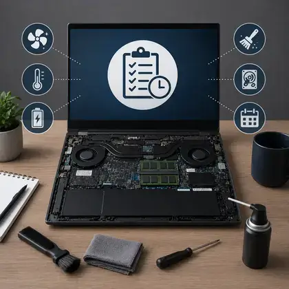Notebook aberto por dentro com os coolers e a placa à vista, cercado por ícones de limpeza, temperatura, bateria e calendário